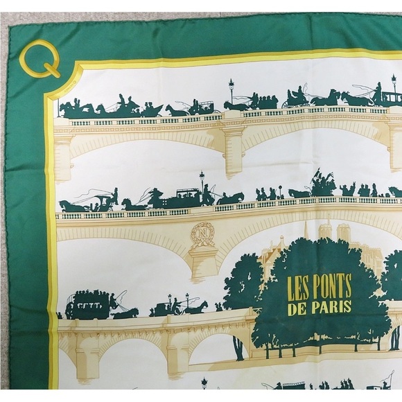 Hermes Les Ponts de Paris Silk Scarf in Green and Gold - Picture 2 of 12